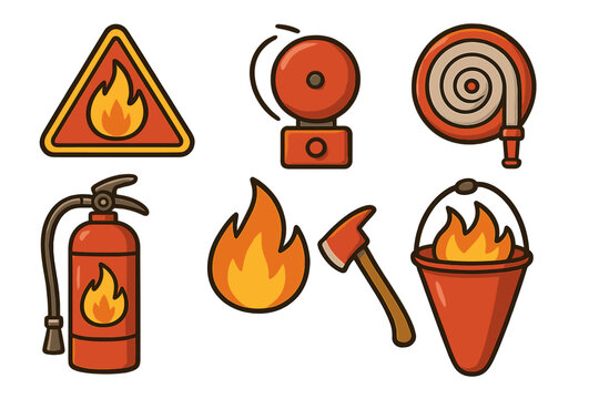 Fire safety equipment icon set. Vector collection of firefighter tools for emergency protection. Fireman symbols including extinguisher, alarm, hose, and warning sign.