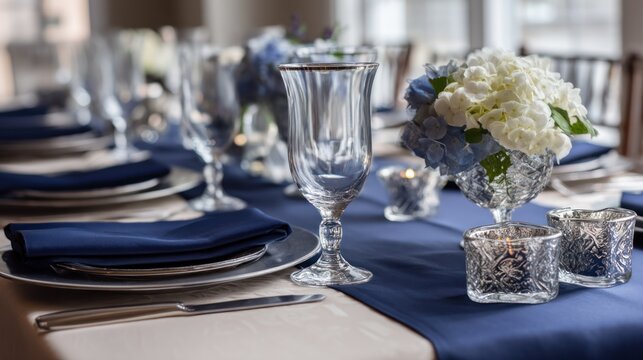 Elegant tablescape with navy blue runner and silverDad place cards
