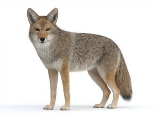 Realistic illustration of a coyote standing confidently, showcasing its detailed fur texture, alert expression, and natural posture, symbolizing wild nature and adaptability