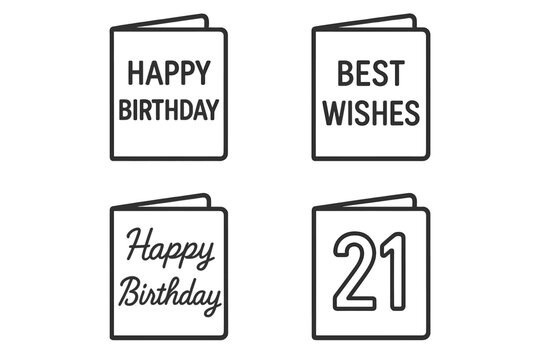 Happy birthday card line icon set. Simple greeting card vector collection. Best wishes, congratulations, and 21st birthday celebration symbol. Minimalist outline design.