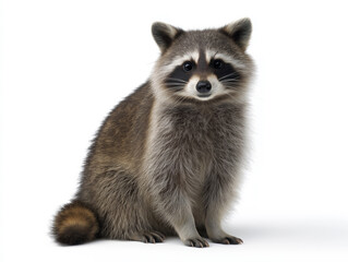Adorable raccoon with fluffy fur and bright eyes sits gracefully on a clean white background, showcasing its playful nature and charming expression in a captivating portrait