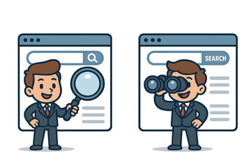 Businessman searching web with magnifying glass and binoculars. SEO, data analysis, and market research concept. Cartoon vector illustration for digital marketing discovery.