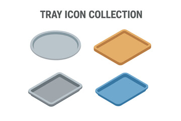 Isometric tray icon set. Vector collection of empty serving platters. Flat design illustrations of round silver tray, rectangular wooden board, and plastic food trays.