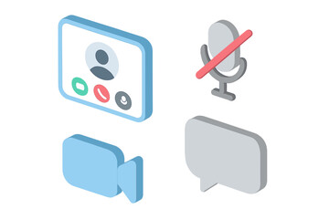 Naklejka premium Isometric Virtual Communication Icon Set with Video Call Window, Muted Microphone, Video Camera, and Chat Bubble—Flat Vector Illustration for Online Meetings and Digital Communication