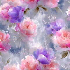 Vibrant watercolor floral pattern with pink and purple roses and blue background image photo