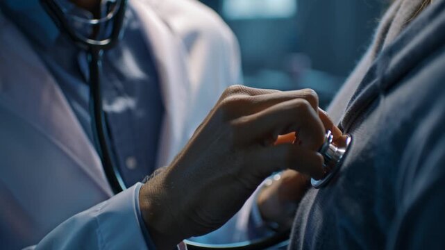 The doctor listens to the patient's heart with a stethoscope, close-up, hyperrealism, modern medical office, attentive and professional atmosphere