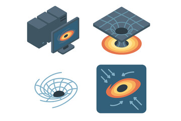 Isometric black hole simulation icon set. Physics science concept. Spacetime grid, gravity funnel, singularity, computer modeling, and data research vector illustration.