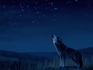 Wolf howling at a starry night sky, surrounded by a serene landscape, capturing the essence of wilderness and the beauty of nature under a celestial display