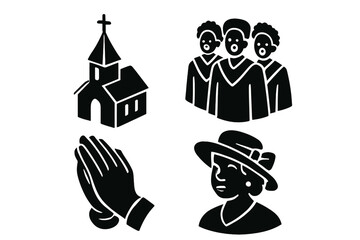 Black spiritual icons set. African American church community symbols. Includes gospel choir, praying hands, chapel, and a woman in a Sunday hat. Christian religion vector graphics.