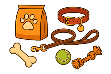 Pet care essentials vector set. Dog accessories collection with food bag, collar, leash, bone, ball, and rope toy. Cartoon illustration isolated on a transparent background.