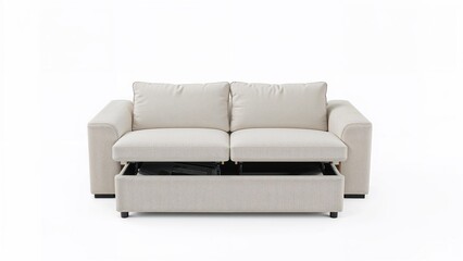 Multi-functional sleeper couch featuring storage space, set on white background