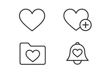 Wishlist Icon Set. Outline Icon Collection of Wishlist and Favorites Heart Outline, Add to Wishlist Button, Favorite List Folder, and Notification Bell. Vector Illustration on Transparent Background
