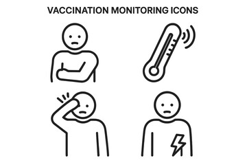 Vaccination side effects icons. Patient monitoring common symptoms like arm pain, fever, headache, chest pain. Medical health care outline vector illustration symbol set.