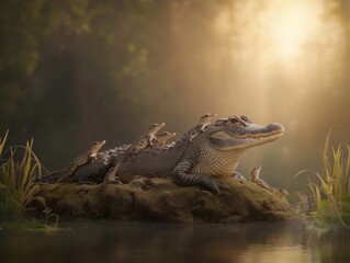 Fototapeta premium Large alligator resting on a rock in a serene wetland, surrounded by small frogs, with soft sunlight filtering through trees, creating a tranquil natural scene