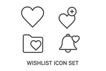Wishlist Icon Set, Outline Vector Icons of Favorite Heart, Add to Wishlist Button, Favorite List Folder, Notification Bell with Heart, Transparent Background, Modern UI Symbols
