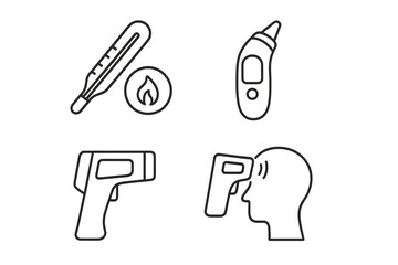 Obraz premium Body temperature check icon set. Outline medical thermometer, fever symbol, digital ear thermometer, and infrared forehead scanner gun. Health monitoring concept vector icons.