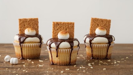 Cupcakes adorned with gooey marshmallows, chocolate topping, and crunchy cracker bits