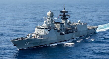 Obraz premium Modern Warship Navigating Through Blue Ocean Waters