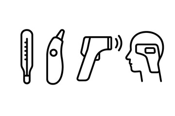Body temperature icons set. Medical outline symbols for health care. Fever check with digital, ear, and non-contact infrared forehead thermometer. Vector illustration for diagnosis.