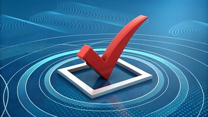 Check Mark on Abstract Blue Backgroud. Quality Control, Guarantee, Compliance Concept. 3d rendering.