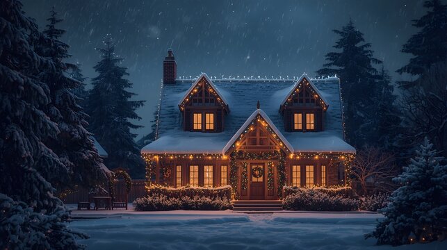 Cozy stone cottage nestled amongst snow covered pine trees illuminated by warm festive christmas lights on a magical winter evening