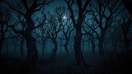 Haunted cerulean forest of leafless trunks