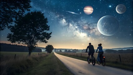 Fototapeta premium Couple Cycling Under Planetary Sky.