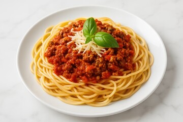 Delicious Italian-style spaghetti topped with melted cheese, presented on a marble surface