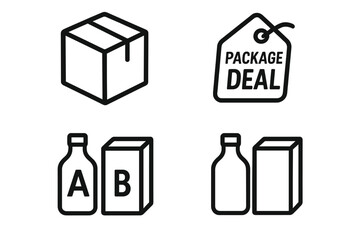 Package deal and bundle pricing outline icon set. Vector illustration of product combos, special offer tags, and boxes for e-commerce, marketing, sales and promotions.