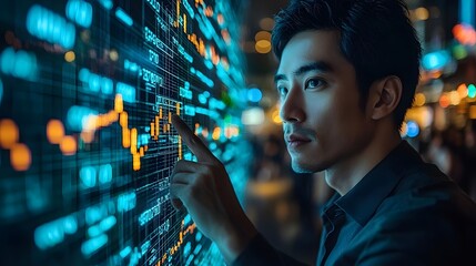 Investor examining futuristic financial data projections in a high tech urban setting