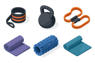 Fitness and gym workout equipment set. Isometric vector icons of kettlebell, yoga mat, foam roller, resistance band, wrist wraps. Sport training and healthy lifestyle concept.