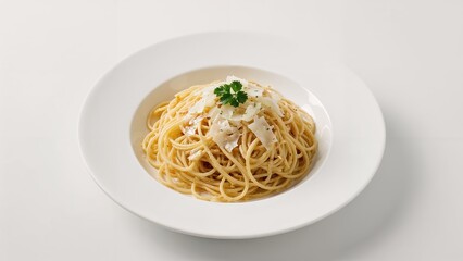 Pasta served with a creamy white sauce on a white dish