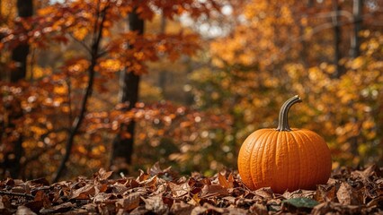 Little pumpkin sitting outside in a forest during fall
