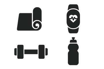 Fitness and healthy lifestyle icon set. Solid glyph icons of yoga mat, fitness tracker, dumbbell, and water bottle. Gym workout, cardio training vector symbols.