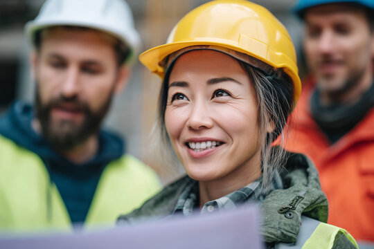 A woman wearing a yellow hard hat and a green vest is smiling at the camera - Powered by Adobe