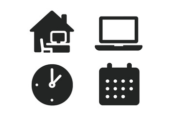 Flexible work solid icon set for remote jobs and home office concepts. Glyph pictograms for freelance, hybrid work model, time management and work-life balance.