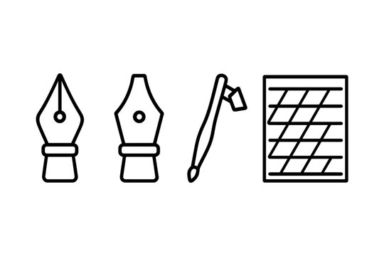 Calligraphy practice outline icon set. Vector symbols of pointed pen nib, italic nib, oblique holder, and practice guide sheet for lettering, handwriting, and drawing.