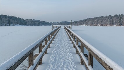 Frozen lake with a snowy timber jetty