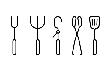 Campfire utensils outline icon set. BBQ grilling tools. Barbecue roasting fork, grill fork, pot lifter, tongs, spatula. Vector for outdoor cooking, camping, picnic.