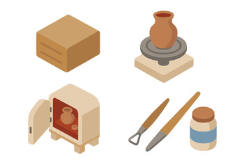 Isometric pottery icon set. Vector illustrations of ceramic art process. Includes clay block, potter's wheel with vase, kiln, sculpting tools, and glaze jar. Hobby craft.