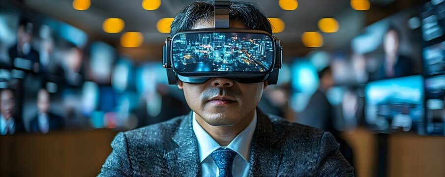 Asian executive using virtual reality headset in futuristic digital workspace