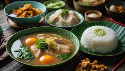 Traditional Indonesian meal with savory broth, chicken, and vegetable medley, served alongside rice and fried tempeh