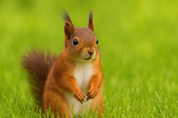 Naklejka premium Eurasian squirrel relaxing amidst fresh green grass under a bright background