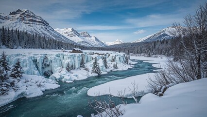 Icy waterfalls alongside rushing rivers