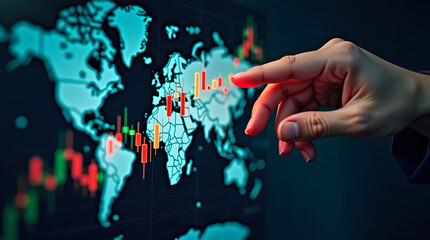 Hand pointing at a world map with stock market charts and data overlays indicating global financial activity