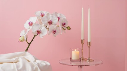 Relaxing spa composition featuring orchids and candlelight on a pale pink background for soothing body treatments