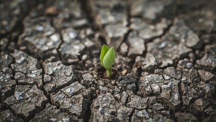 New growth of a small plant sprouting from parched soil up close.