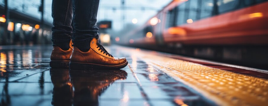Rainy platform, train departs, person waits, city commute - Powered by Adobe