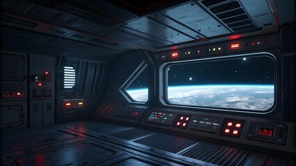  Dark spaceship interior with isolated window. Futuristic spacecraft with glowing blue and red control panels and empty view. 3D rendering.