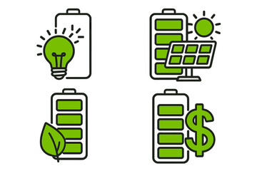 Green energy icon set. Battery storage, solar panel, and financial investment concepts. Renewable power, sustainable technology, and eco-friendly solutions vector icons.